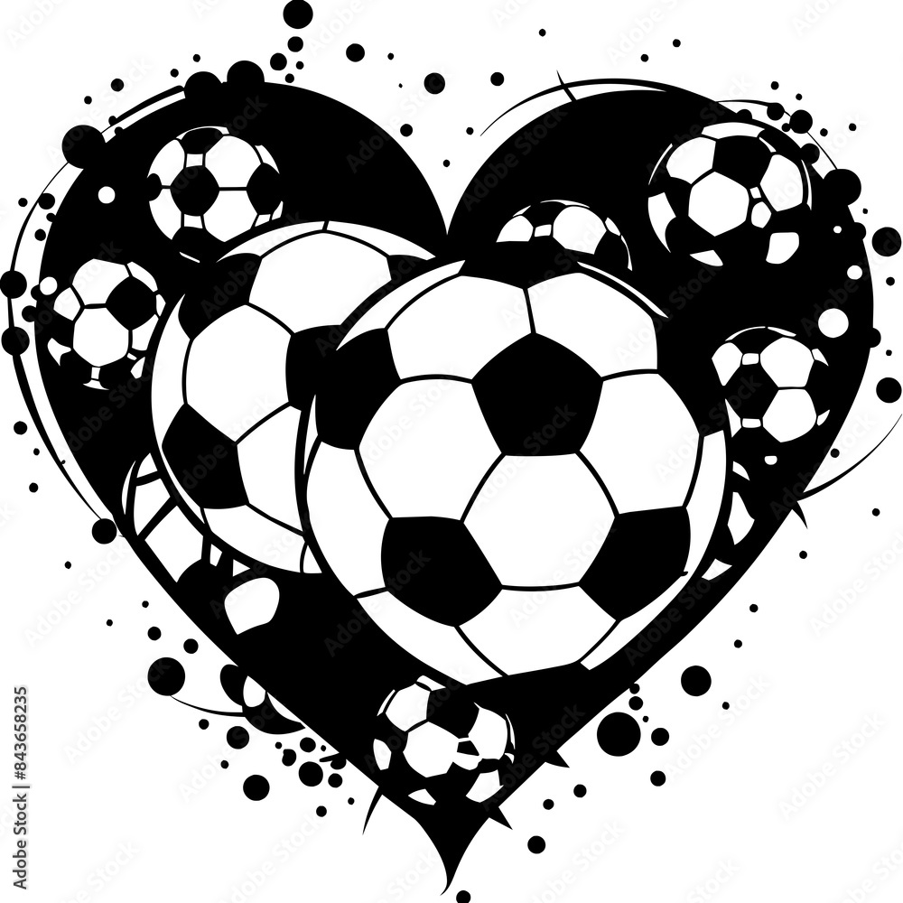 A big heart-shaped design is filled with three soccer balls, giving the impression of a love for the sport. A big heart-shaped design is filled with three soccer balls, giving the impression of a love for the sport.