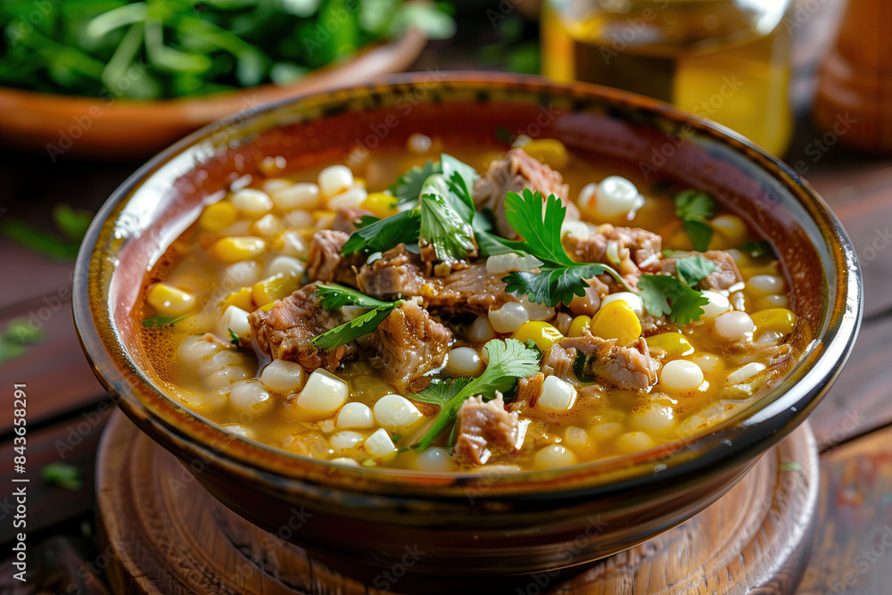 Pozole traditional Mexican thick soup with corn and meat Pozole traditional Mexican thick soup with corn and meat