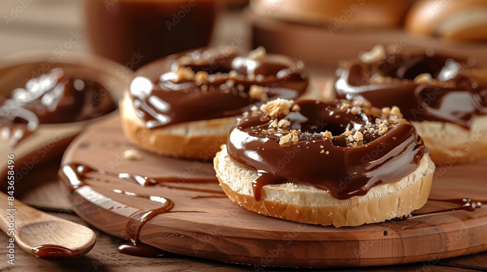 Delicious donuts topped with rich chocolate glaze and sprinkled nuts on a rustic wooden board. Delicious donuts topped with rich chocolate glaze and sprinkled nuts on a rustic wooden board.