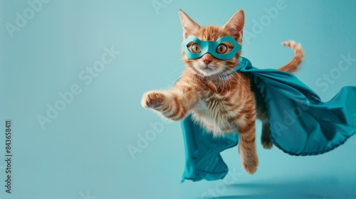 superhero cat, Cute orange tabby kitty with a blue cloak and mask jumping and flying on light blue background with copy space. The concept of a superhero, super cat, leader, funny animal studio shot.  © Александер Подсадник