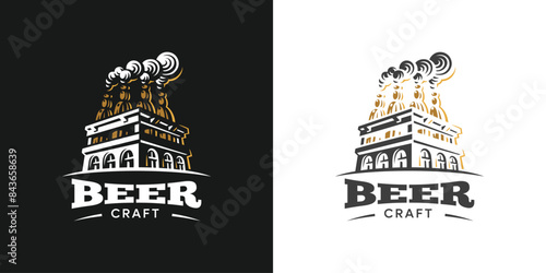 Craft Beer glass and malt Brewery label logo design vector in trendy modern cartoon line style illustration. Liquor logo for pub and bar club