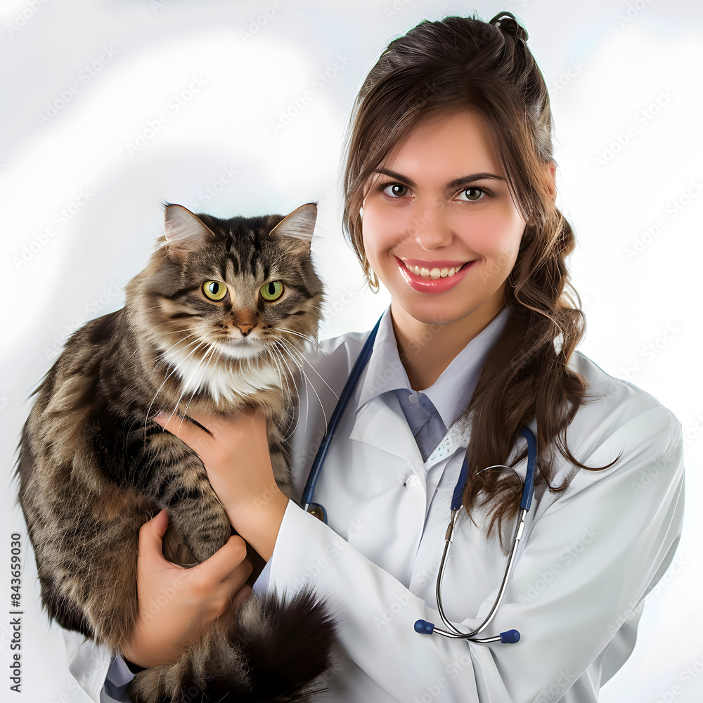 mujer joven veterinaria coge en brazos a un gato mujer joven veterinaria coge en brazos a un gato