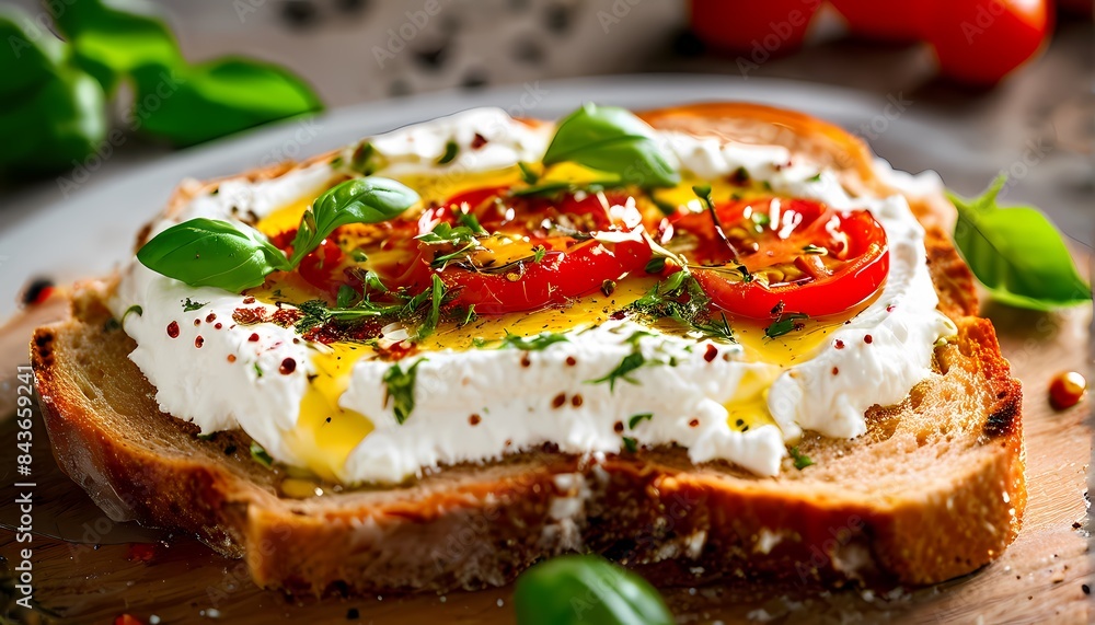 Top view of fresh labneh spread evenly on sourdough toast roasted spiced tomatoes, AI Generated Top view of fresh labneh spread evenly on sourdough toast roasted spiced tomatoes, AI Generated