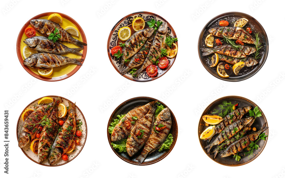 collection plate of tasty grilled fish isolated on a transparent background, top view, cut out, PNG collection plate of tasty grilled fish isolated on a transparent background, top view, cut out, PNG