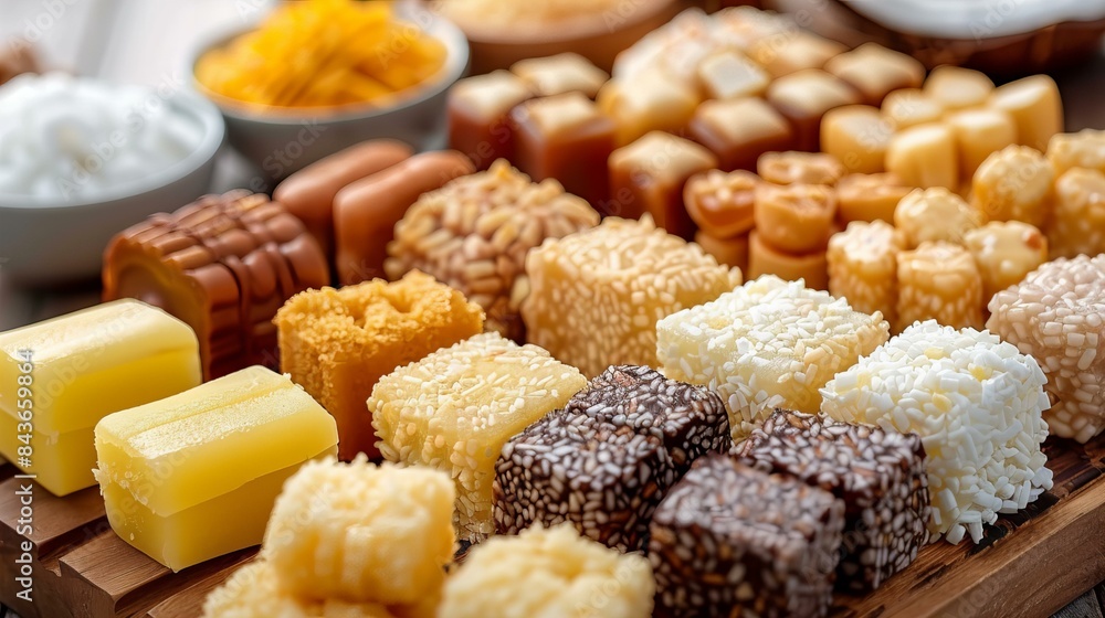 Assorted handmade candies and confections arranged on a wooden board, creating a delightful and colorful display. Assorted handmade candies and confections arranged on a wooden board, creating a delightful and colorful display.