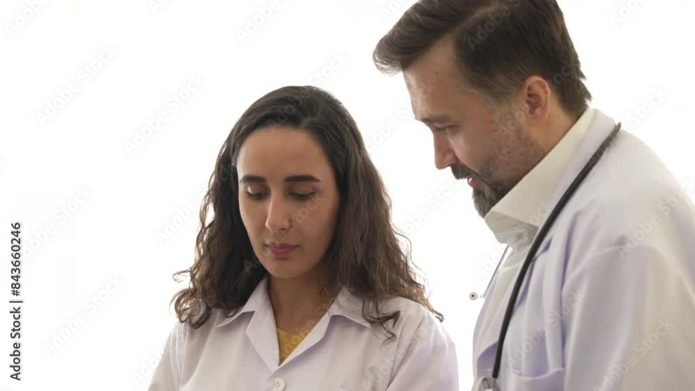 Two doctors talking and discussing with digital tablet in hospital Two doctors talking and discussing with digital tablet in hospital
