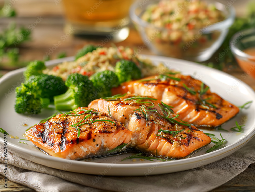A plate of grilled salmon with broccoli and rice. The plate is set on a wooden table. The salmon is cooked and looks delicious. The broccoli is fresh and green, and the rice is cooked A plate of grilled salmon with broccoli and rice. The plate is set on a wooden table. The salmon is cooked and looks delicious. The broccoli is fresh and green, and the rice is cooked