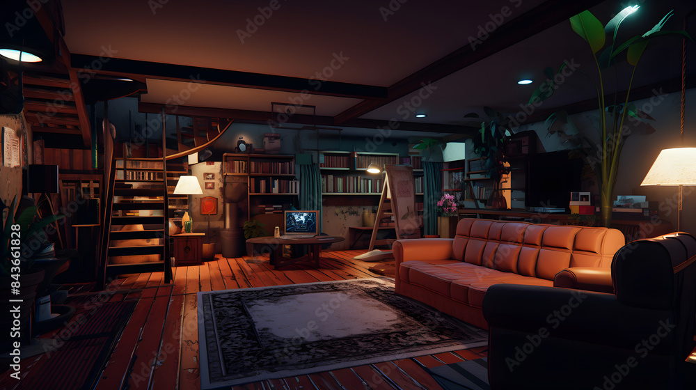 Cozy Living Room with Warm Lighting and Rustic Decor Cozy Living Room with Warm Lighting and Rustic Decor
