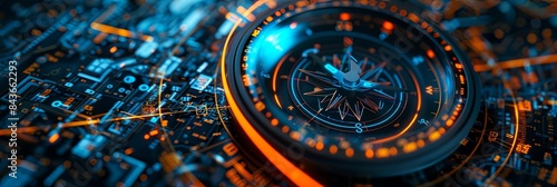 Wallpaper Mural Navigating the Future: A Futuristic Compass with Digital Rings Aglow in Blue and Orange, Set Against a Circuitry and Data Stream Backdrop Torontodigital.ca