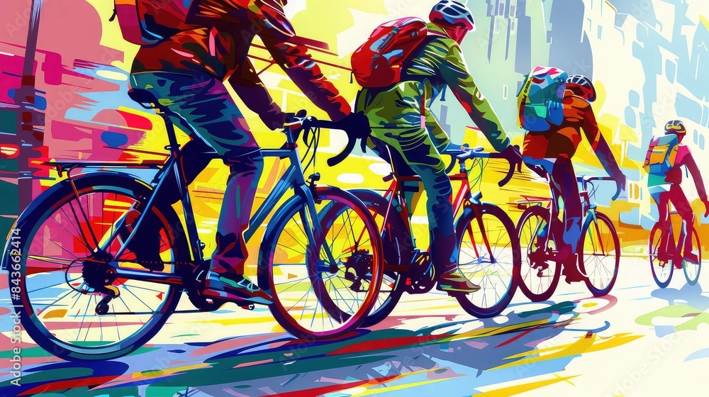 Fototapeta premium Bicycle commuters in an urban setting, pop art, bold colors, dynamic composition, sustainable transport,