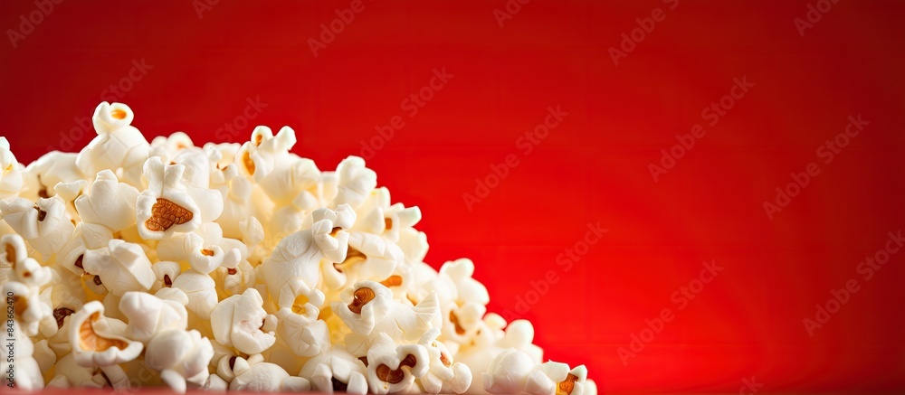 Close up of popcorn on a red background Macro. copy space available Close up of popcorn on a red background Macro. copy space available