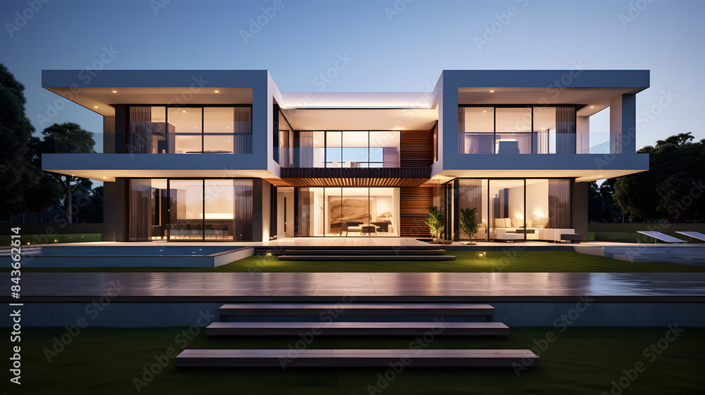 Modern Luxury House with Pool and Evening Lighting Modern Luxury House with Pool and Evening Lighting