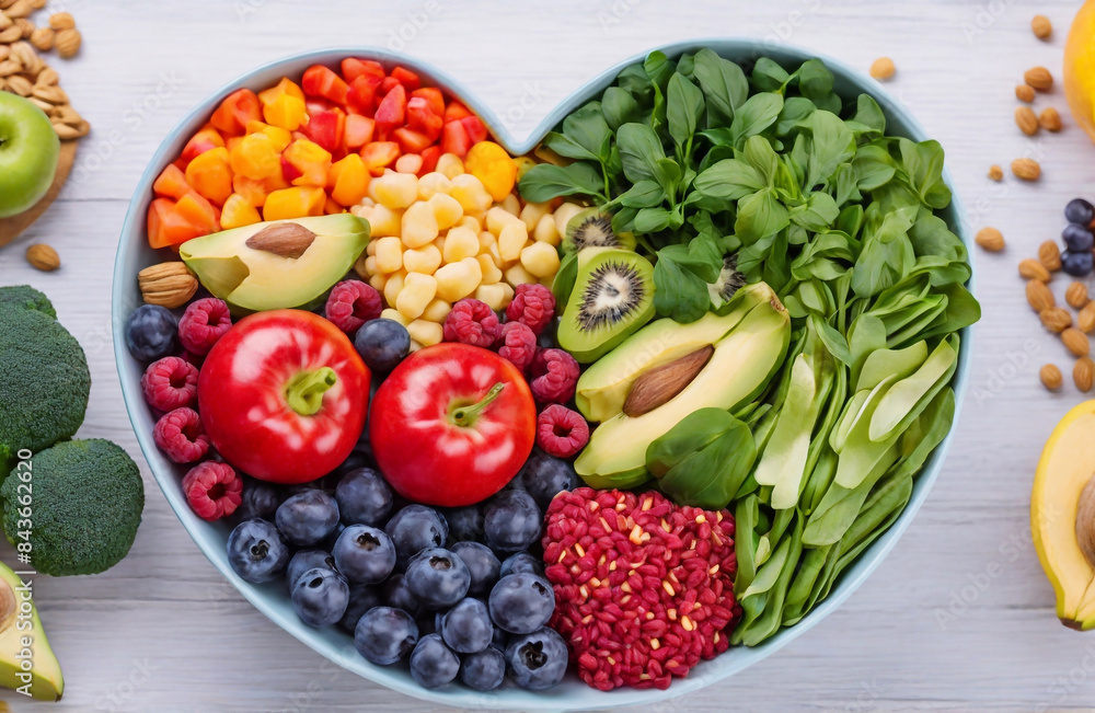 A vibrant photo showcasing a heartshaped bowl filled with nutritious diet foods, including fresh fruits, vegetables, and whole grains, promoting heart health and cardiovascular wellness A vibrant photo showcasing a heartshaped bowl filled with nutritious diet foods, including fresh fruits, vegetables, and whole grains, promoting heart health and cardiovascular wellness