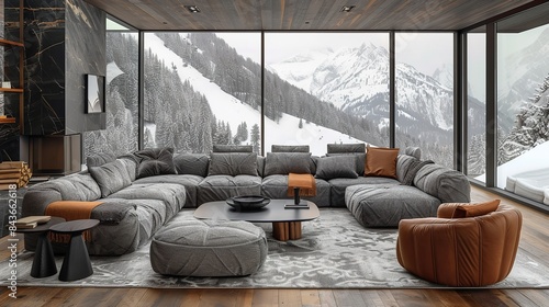 A modern sectional sofa with gray cushions sits in a spacious mountain cabin overlooking a snowy landscape © Multiverse