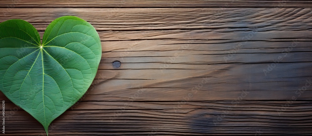 Heart shaped leaf and decoration on a wooden background with copy space Heart shaped leaf and decoration on a wooden background with copy space