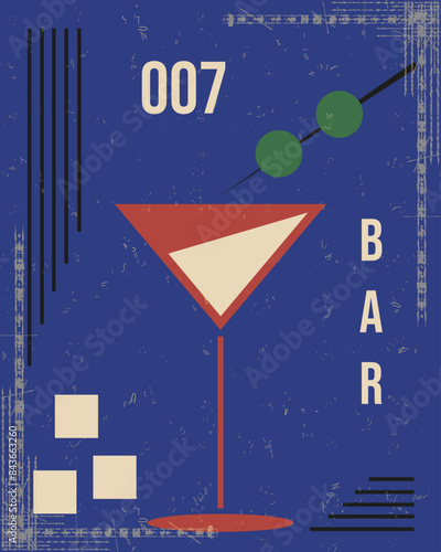 Boho Groovy alcohol drink theme. Abstract Geometrical poster cover design with trendy Grunge texture. Retro Simple Naive vector  aesthetic can used night club, restaurant design interior.