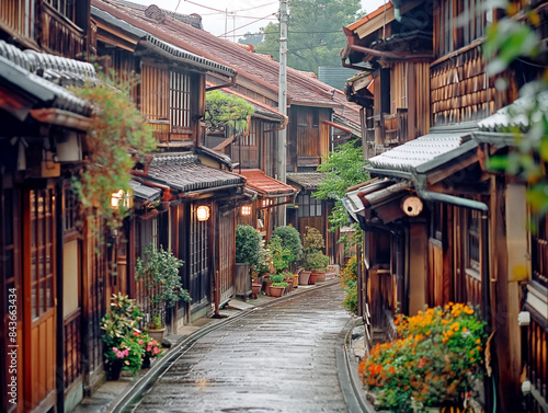 A narrow street with many houses and a few potted plants