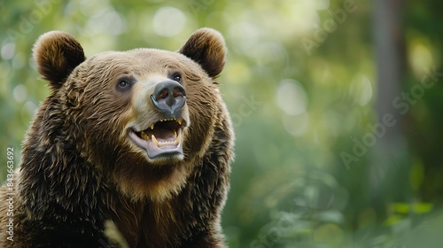 Happy smiling bear isolated on a forest green background with copy space Smile portrait