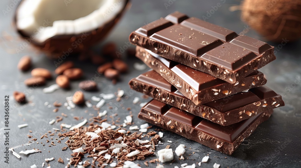 Delicious dark chocolate bars stacked with coconut and cocoa beans on a dark textured background. Delicious dark chocolate bars stacked with coconut and cocoa beans on a dark textured background.