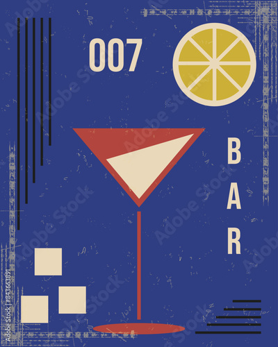 Boho Groovy bar aesthetic. Abstract Geometrical poster design with Grunge texture and lemon. Retro Simple Naive vector  aesthetic can used night club, restaurant design interior.