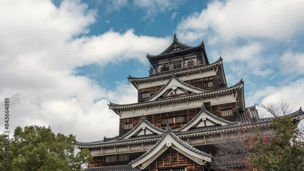 Timelapse view of historic landmark Hiroshima Castle in Hiroshima, Japan, zoom out.
Timelapse view of historic landmark Hiroshima Castle in Hiroshima, Japan, zoom out.