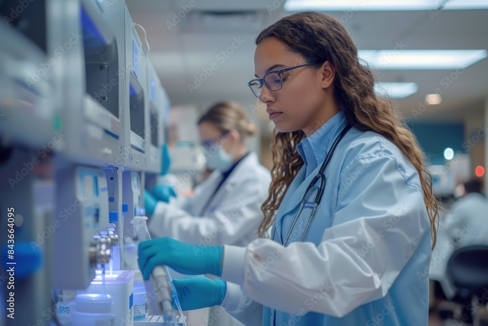 A woman in a lab coat is working with a machine A woman in a lab coat is working with a machine