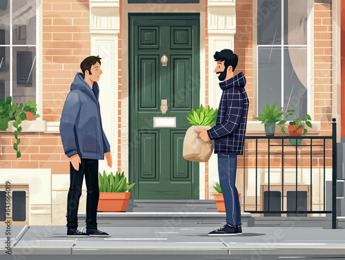 Two men are standing outside a house, one of them holding a bag. Scene is casual and friendly, as the two men are likely engaging in a conversation or exchanging pleasantries photo