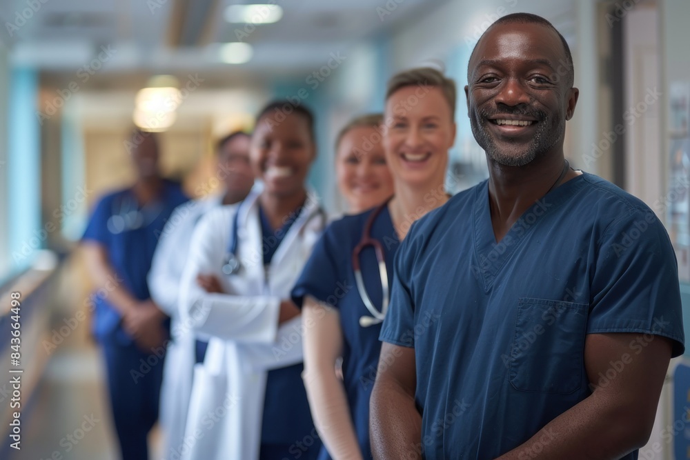 A group of doctors and nurses are standing in a hallway, smiling for the camera A group of doctors and nurses are standing in a hallway, smiling for the camera