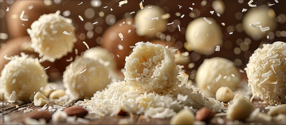 Elegant white chocolate truffles adorned with coconut flakes captured in mid-air, creating a dreamy and festive atmosphere. Elegant white chocolate truffles adorned with coconut flakes captured in mid-air, creating a dreamy and festive atmosphere.
