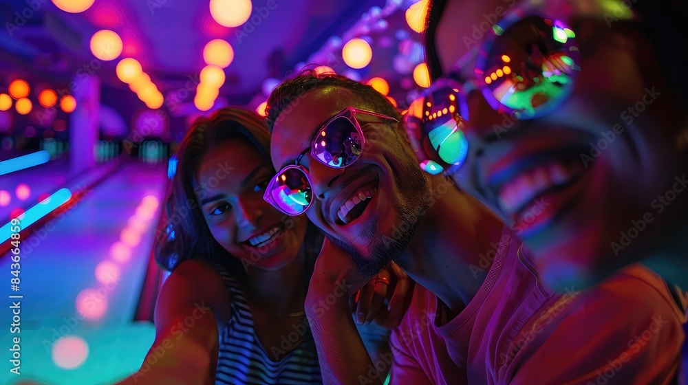Group of friends at a neon-lit bowling alley, pop art, bold colors, dynamic, fun, Group of friends at a neon-lit bowling alley, pop art, bold colors, dynamic, fun,