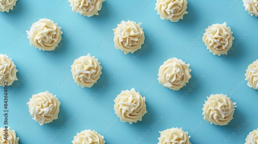 Top-down view of white frosted cupcakes arranged in a grid on a blue background. Top-down view of white frosted cupcakes arranged in a grid on a blue background.
