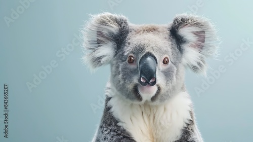 Happy smiling koala isolated on a light blue background with copy space Smile portrait