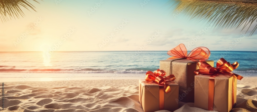Obraz premium Christmas present boxes on tropical beach packed gifts on sand with azur sea background and copy space Holiday greeting card warm toned