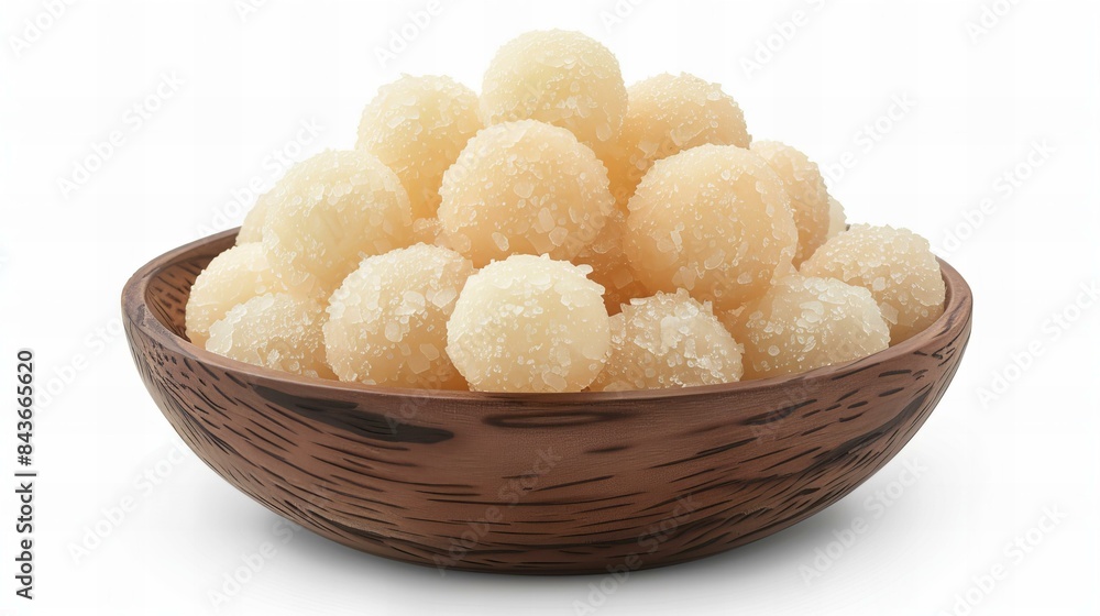 Wooden bowl filled with delicious sugar-coated round jelly candies on a white background. Wooden bowl filled with delicious sugar-coated round jelly candies on a white background.