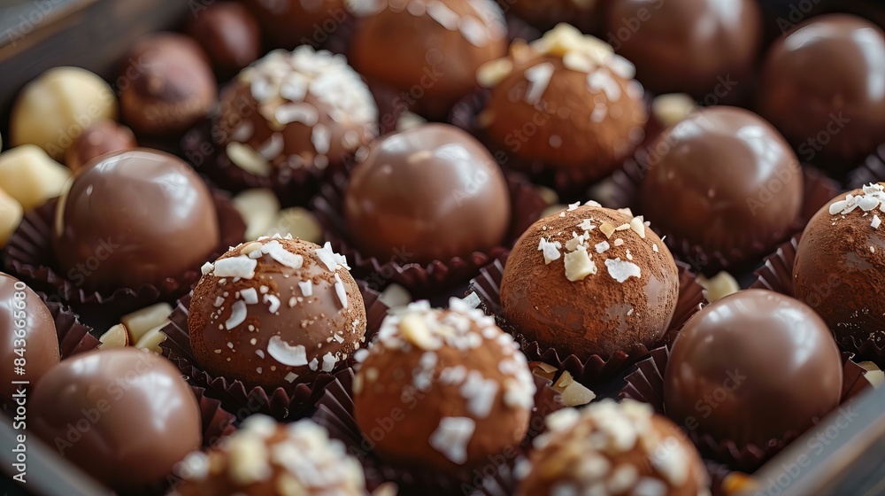 A decadent assortment of gourmet chocolate truffles topped with nuts and coconut flakes in a box. A decadent assortment of gourmet chocolate truffles topped with nuts and coconut flakes in a box.