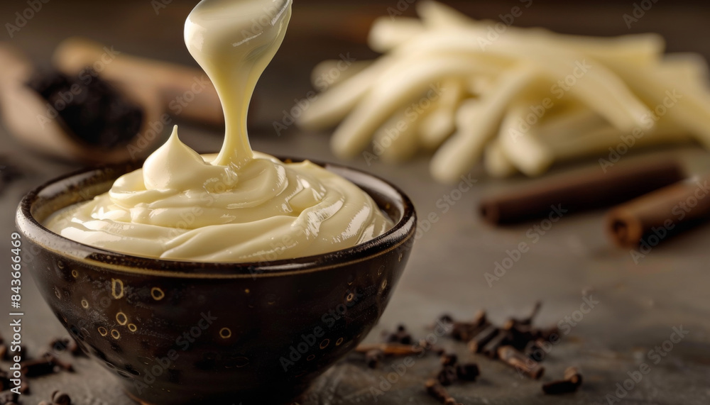 A bowl of white cream is poured into a black bowl