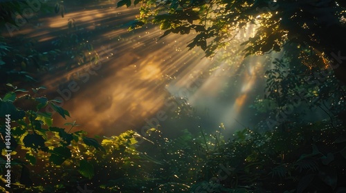 Spectacular sun rays shining through woods and tree in the dense forest. Green and lust forest on a beautiful summer day