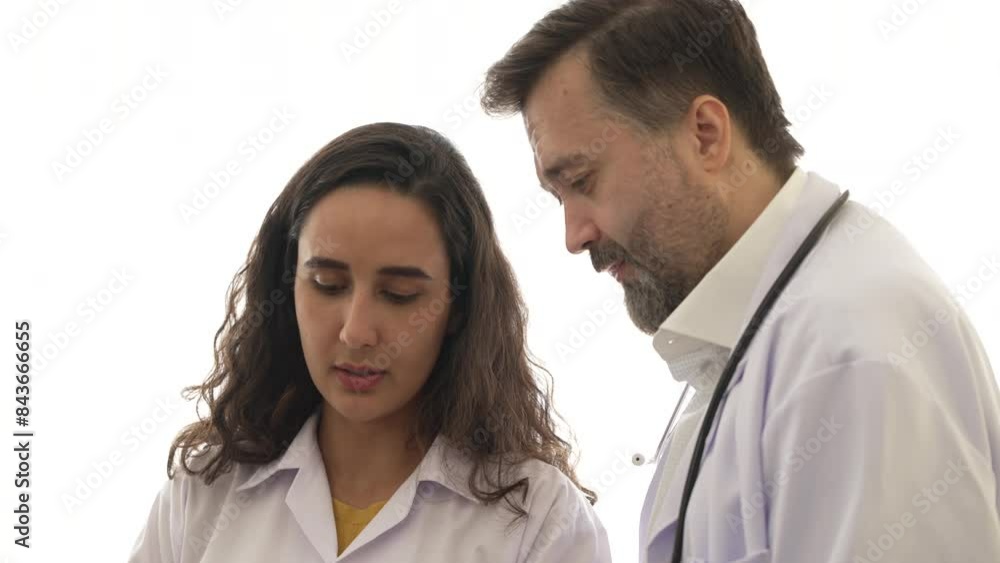Two doctors talking and discussing with digital tablet in hospital Two doctors talking and discussing with digital tablet in hospital