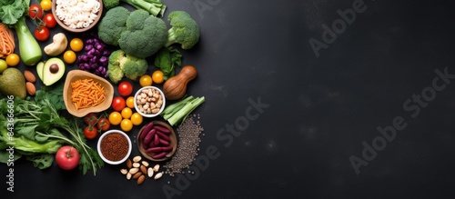 Best products for brains on dark gray background Clean eating concept Top view flat lay copy space