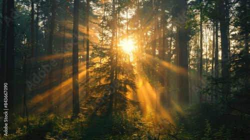 Spectacular sun rays shining through woods and tree in the dense forest. Green and lust forest on a beautiful summer day