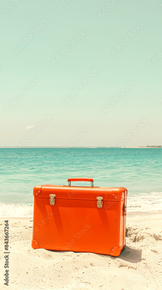 vertical Bright Orange Suitcase on a Sandy Beach vertical Bright Orange Suitcase on a Sandy Beach