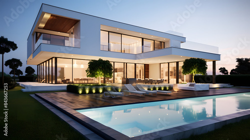 Modern Luxury House with Pool and Evening Lighting