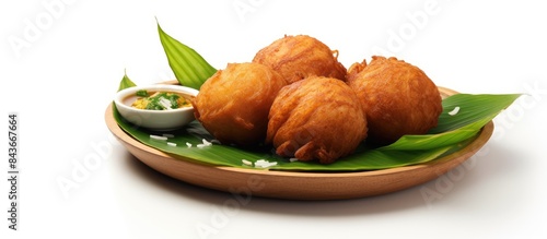 A popular Kerala snack called Bonda traditionally enjoyed during tea time is presented on a banana leaf against a white backdrop The image showcases the isolated white background with ample space for photo