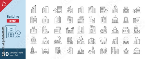 Buildings Line Editable Stroke Icons Set. Real Estate, House, Home, Apartment, Hospital, Hotel, Cityscape, Downtown, Museum, Mosque, Church, Pagoda. Architecture Buildings Icons Vector Illustration
