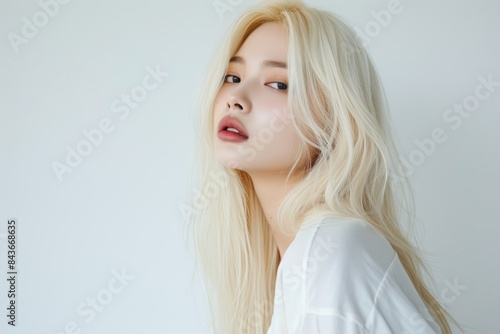 Korean young woman with light blonde long wolf cut hair portrait photography fashion.