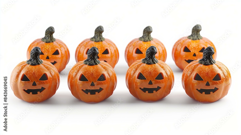 A group of eight cheerful jack-o'-lantern pumpkins with carved smiling faces, arranged in two neat rows on a white background. A group of eight cheerful jack-o'-lantern pumpkins with carved smiling faces, arranged in two neat rows on a white background.