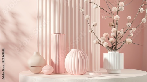 Minimalist pastel pink interior decor with vases and floral branches, creating a serene and elegant aesthetic perfect for modern design inspiration.