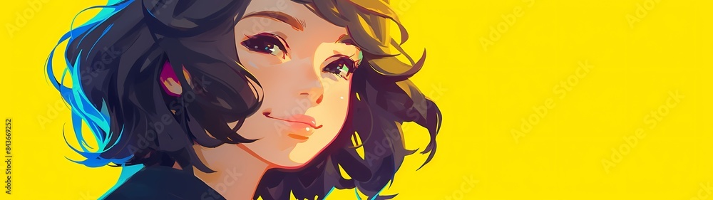 illustration of anime girl with short hair on yellow background, background with a ratio size of 32:9 illustration of anime girl with short hair on yellow background, background with a ratio size of 32:9