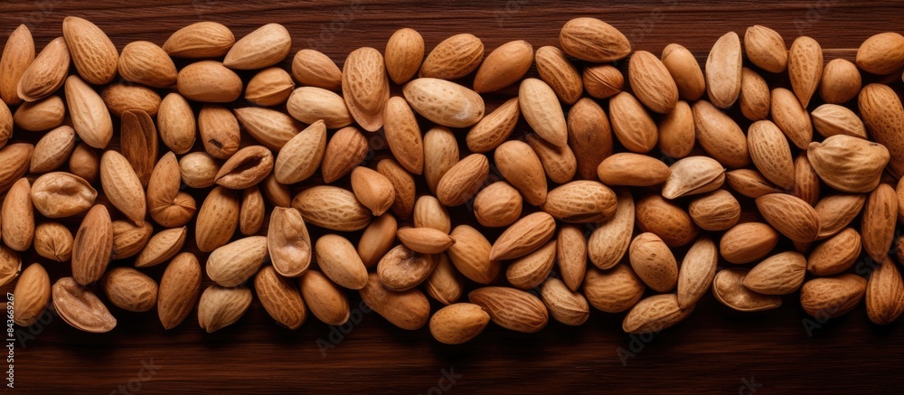 Many Dried peanuts on wood background. copy space available Many Dried peanuts on wood background. copy space available