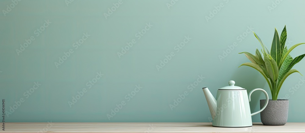 Minimal desk with mock up frame plant designed watering can on a green wall Home interior design. copy space available Minimal desk with mock up frame plant designed watering can on a green wall Home interior design. copy space available